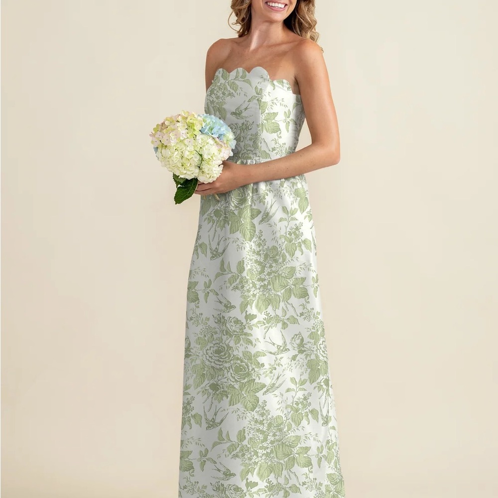 Strapless Scalloped Neck Green Floral Maxi Dress